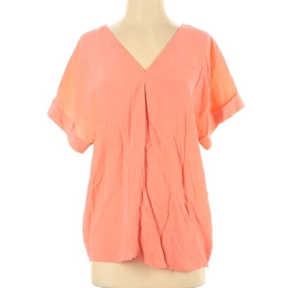 Max Studio luxe Silk Coral Short Sleeve v neck blouse women’s - Picture 1 of 5